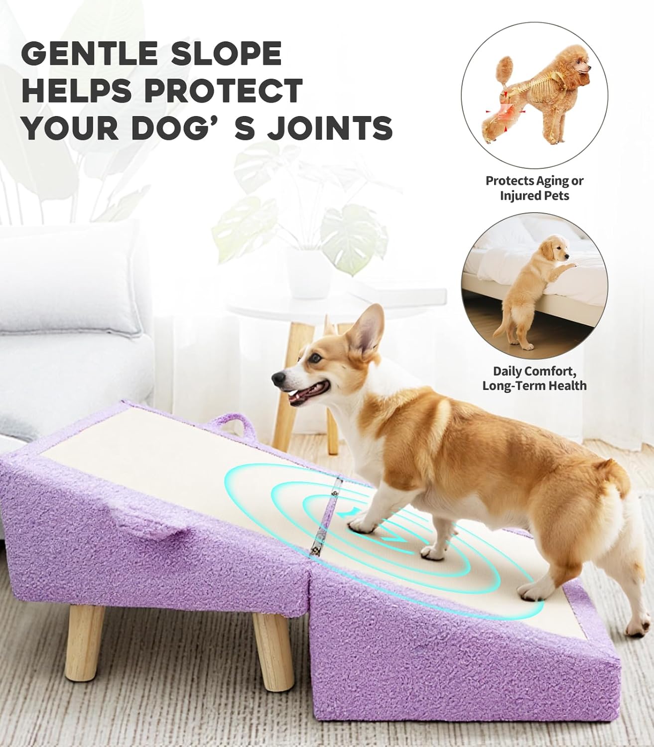 16.5'' Dog Ramp for Small Dogs & Cats, 2-in-1 Foldable Dog Stairs & Ottoman for Couch, Low Bed, Sturdy Wooden Frame, Joint-Friendly Gentle Incline, Non-Slip Surface, Light Purple