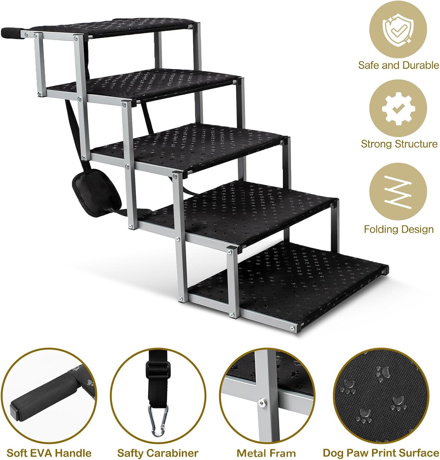 Dog Stairs for Car - Foldable Dog Ramps for Large Dogs with Non Slip Surface, Portable Dog Steps for Cars and SUV, Truck, Support Up to 200 Lbs