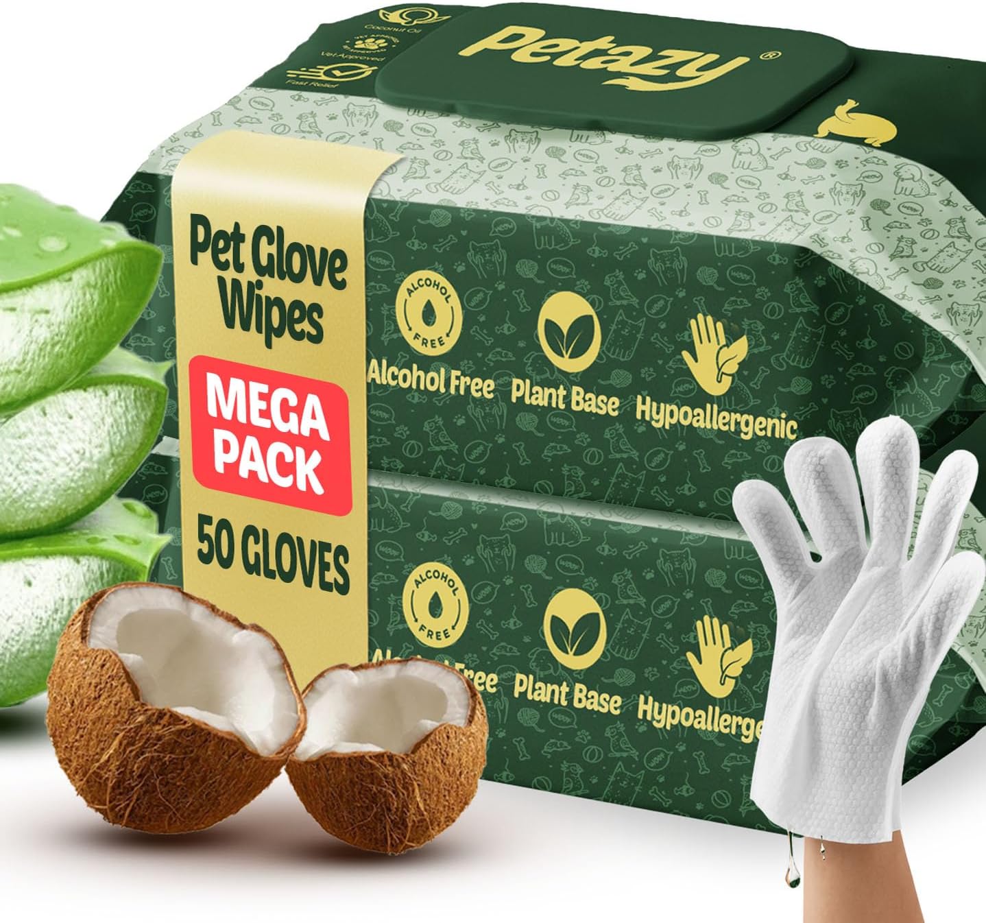 Petazy Pet Glove Wipes for Dogs & Cats – Hypoallergenic Thick Cleaning Gloves with Aloe & Coconut Oil for Paws, Face, Ears & Butt, Instant No Rinse Grooming Wipes to Deodorize and Hydrate, 25 Pack