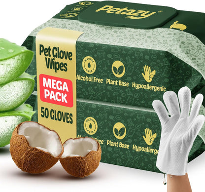Petazy Pet Glove Wipes for Dogs & Cats – Hypoallergenic Thick Cleaning Gloves with Aloe & Coconut Oil for Paws, Face, Ears & Butt, Instant No Rinse Grooming Wipes to Deodorize and Hydrate, 25 Pack