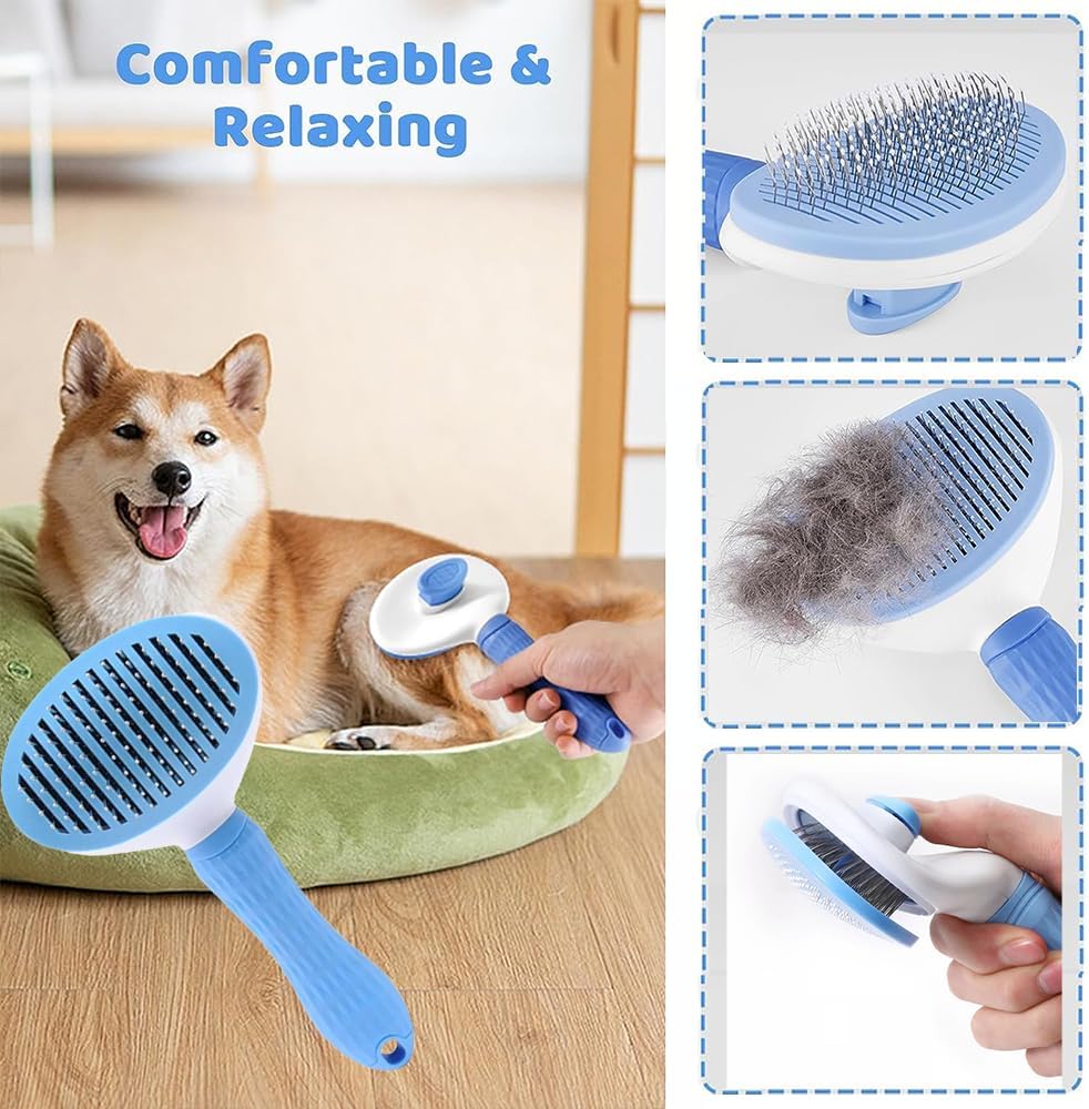 7 Pcs Cat Dog Brush Grooming Kits, Self-Cleaning Slicker Brush, Pet Nail Clipper and File, Flea Comb, Pet Shampoo Bath Brush, Pet Finger Toothbrush, Storage Bag (Pink)