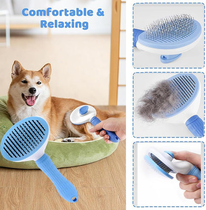 7 Pcs Cat Dog Brush Grooming Kits, Self-Cleaning Slicker Brush, Pet Nail Clipper and File, Flea Comb, Pet Shampoo Bath Brush, Pet Finger Toothbrush, Storage Bag (Pink)