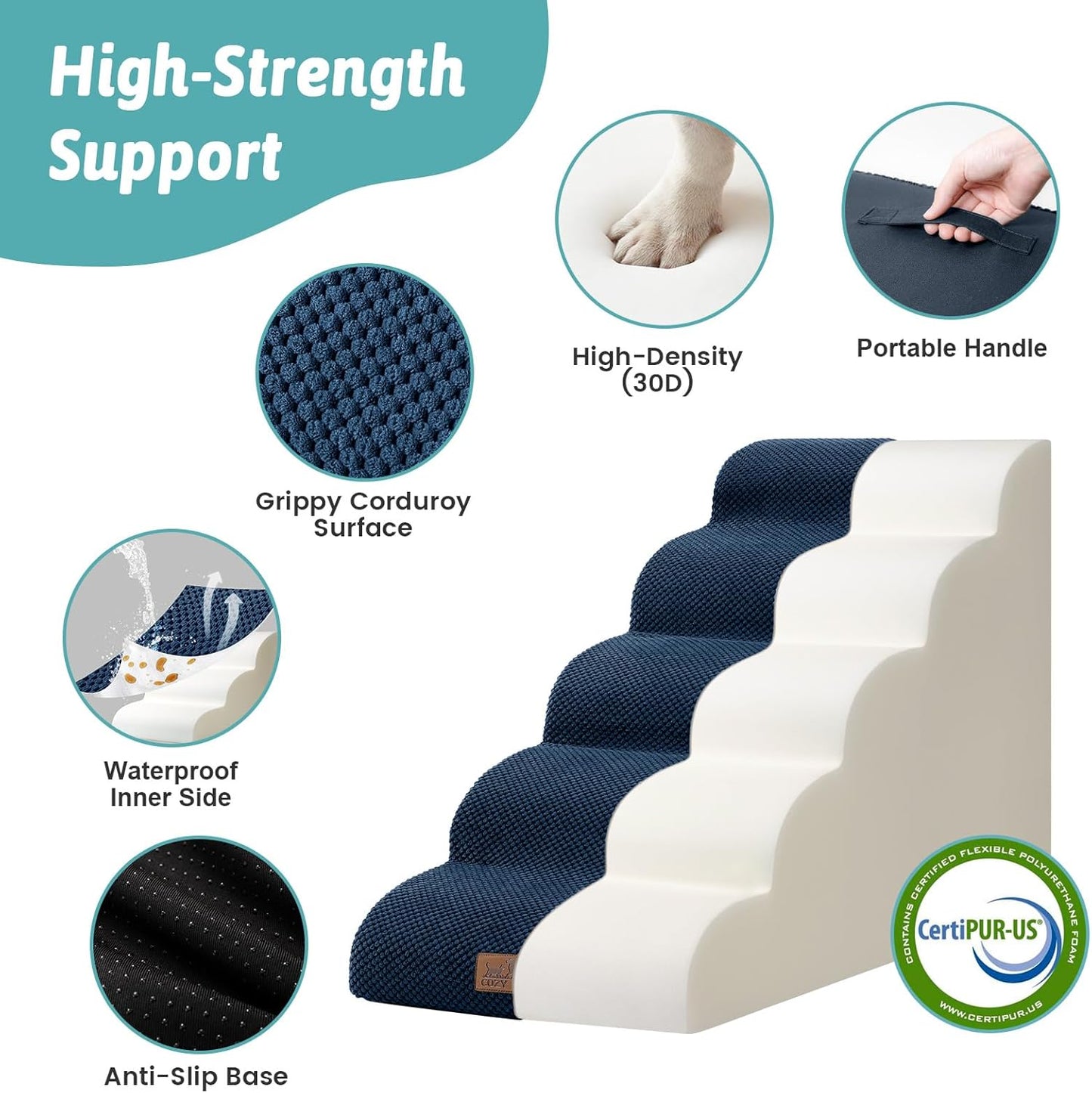 COZY KISS Dog Stairs for Small Dogs 15.7" H, Curved Dog Step for Puppy, Older Cat, Medium Pet Ramp for Sofa, Couch or Chair, Ladder with High Density Foam, 3 Step, 15.7x22.4x15.7 inch, Beige