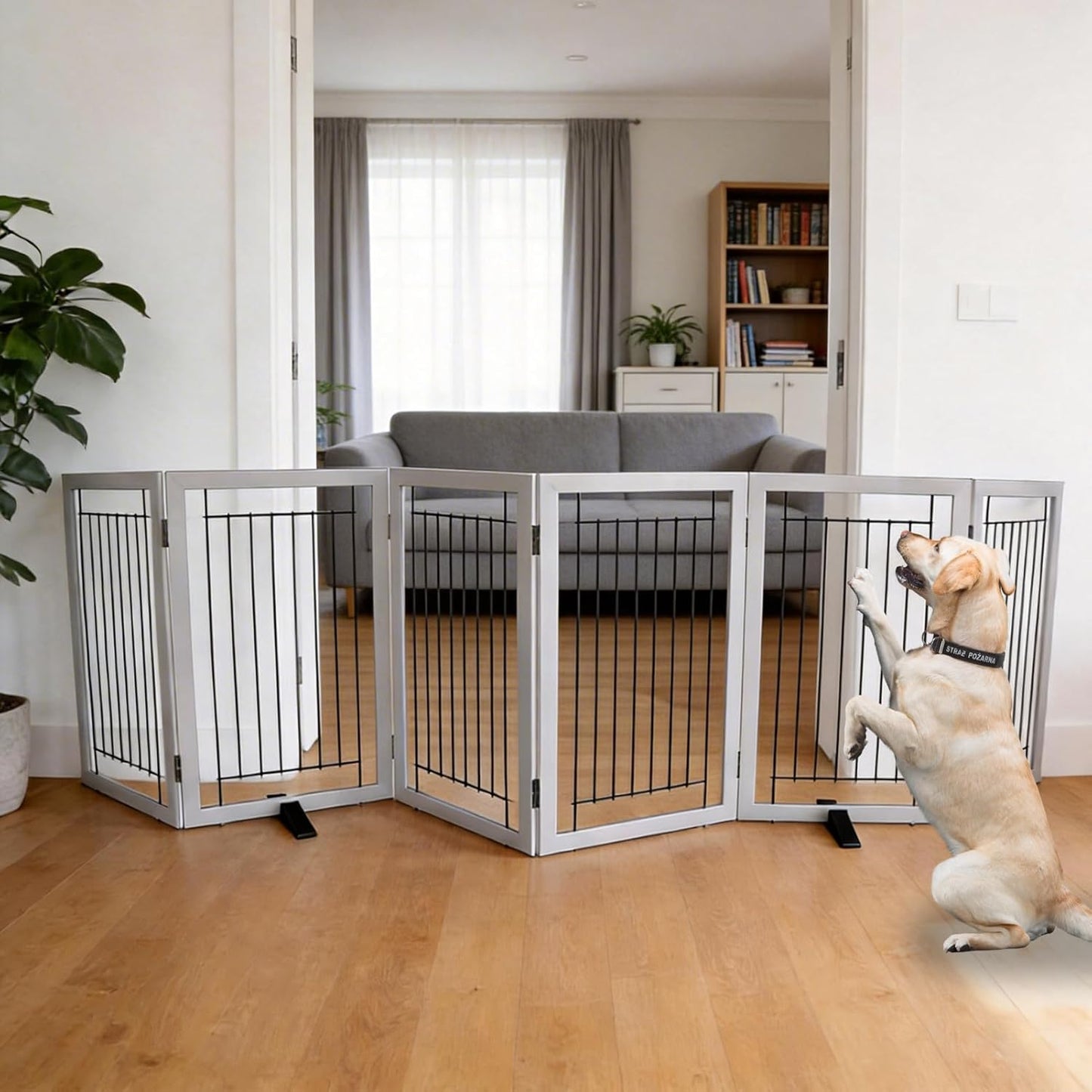 ZJSF Freestanding Dog Gate Indoor, Foldable Dog Fence for Doorways,Hallways or Stairs, Sturdy Wood Extra Wide Pet Gate with Support Feet,Black,24 "Height-3 Panels