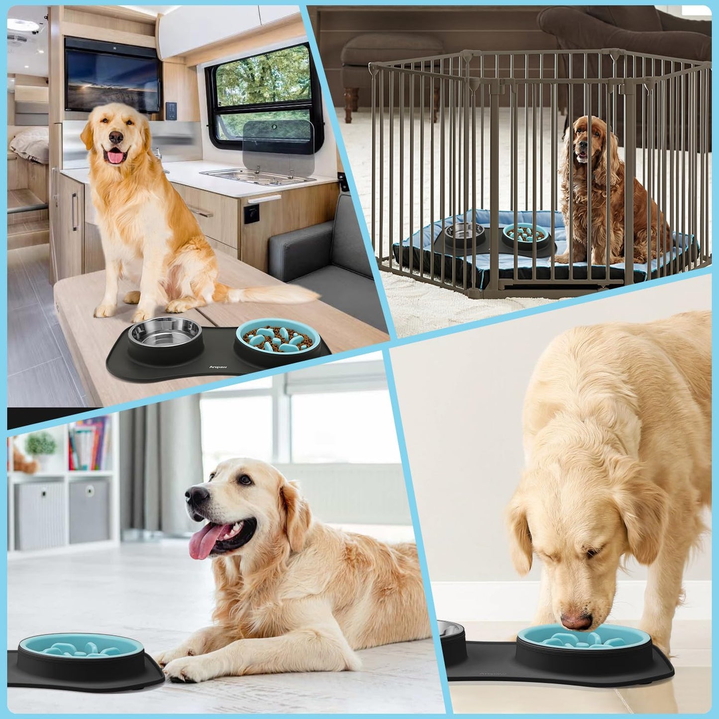 Anipaw Slow Feeder Dog Bowls 3 in 1 Stainless Steel Food and Water Bowls with Non-Spill and Skid Silicone Mat to Slow Down Eating for Large Medium Small Breed Size Dogs and Cats
