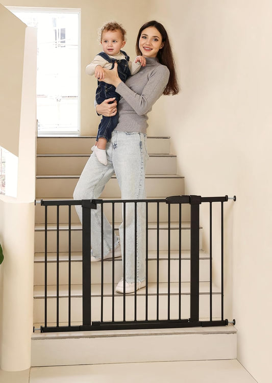 44.72"-46.89" Baby and Pet Safety Gate, 30" Tall Metal Walk-Thru Gate for Doorways & Stairs, Easy One-Hand Open, Dual Lock, Extensions & Wall Mounts Included (Brown, 29"-46" W x 30.5“H)
