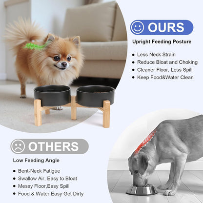 SPUNKYJUNKY Elevated Dog Bowls Ceramic, 6.1'' Dogs and Cat Food Water Bowls Raised with Non-Slip Bamboo Stand for Medium Sized Breed Microwave Dishwasher Safe - 28.7 OZ,Beige