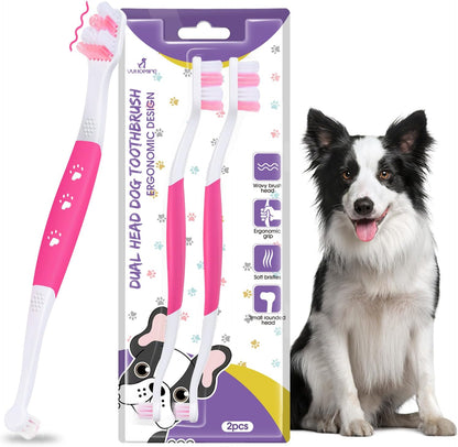 Dog Toothbrush – Newly Upgraded Dual-Head Design with 60° Wavy Bristles – Gently Surrounds Teeth for Deep Cleaning and Plaque Removal – Non-Slip Handle, Ideal for Daily Pet Dental Care (Pink, 1-Pack)