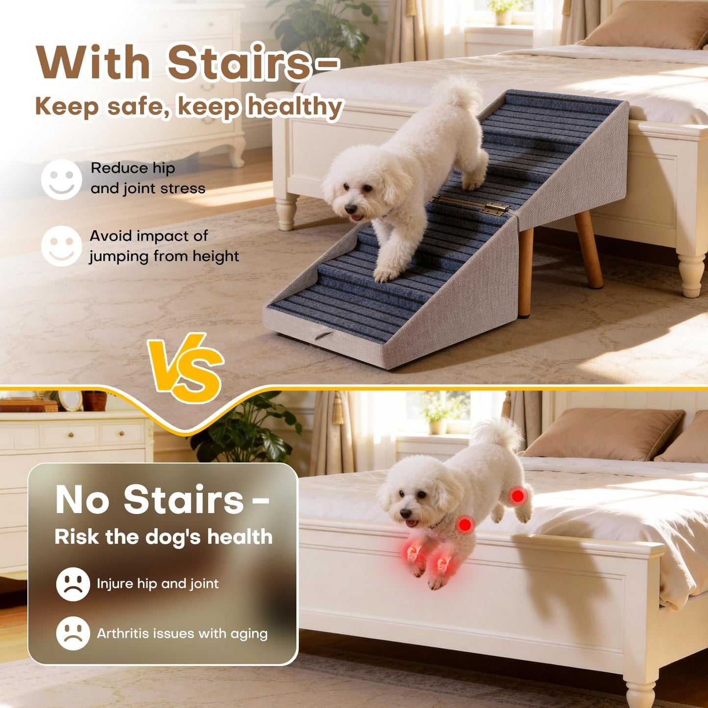 17.13" H Dog Stairs for Small Dogs, 2-in-1 Pet Steps & Ottoman - Foldable Dog Stairs for Couch, Non-Slip Wooden Pet Stairs for Puppy Senior Injured Dogs