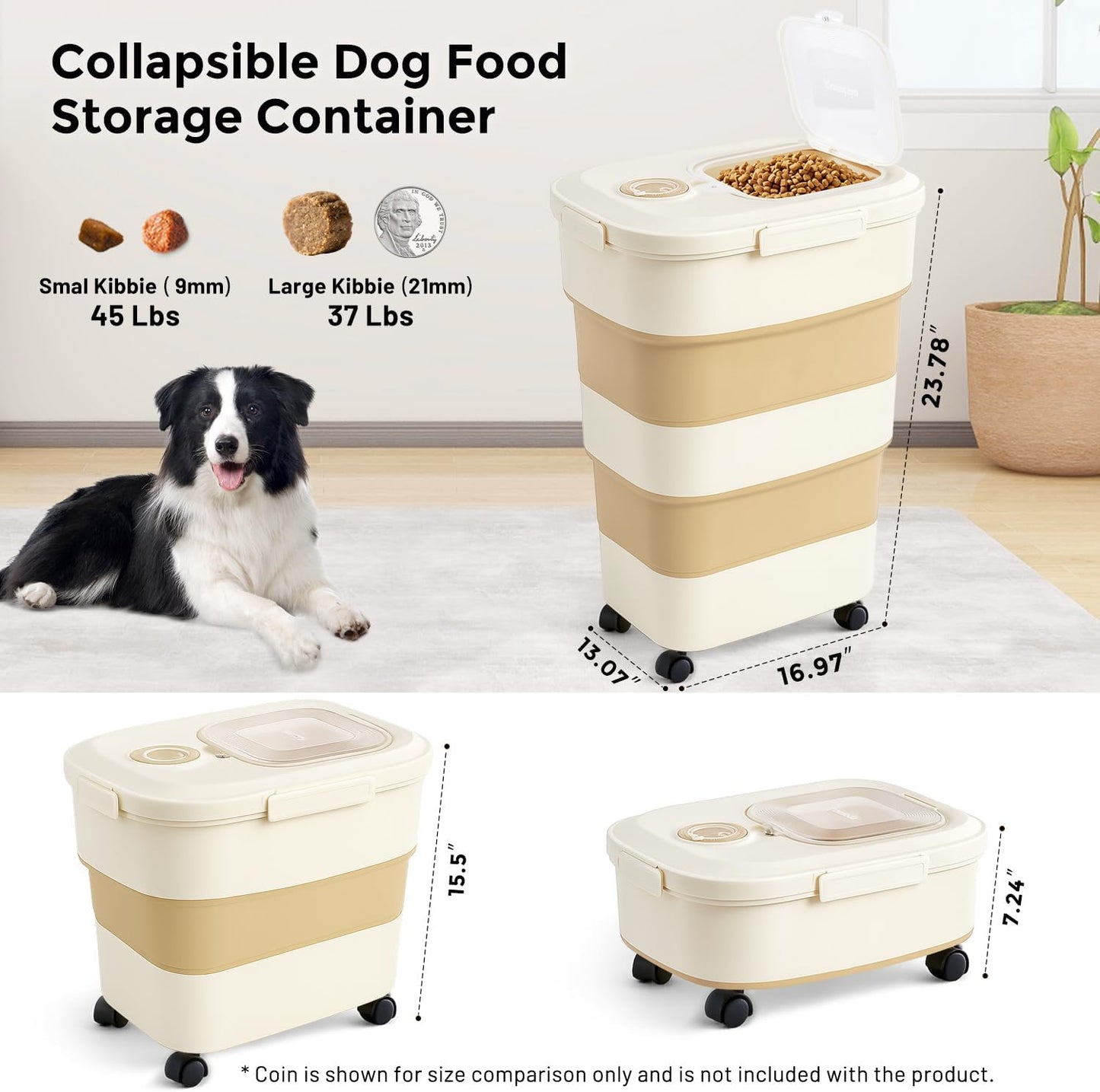 ZOMISIA 40-50lbs Dog Food Storage Container, Large Capacity Collapsible Airtight Pet Food Storage Containers with Rolling Wheels, Transparent Lid, Scoop and Date Track, Khaki