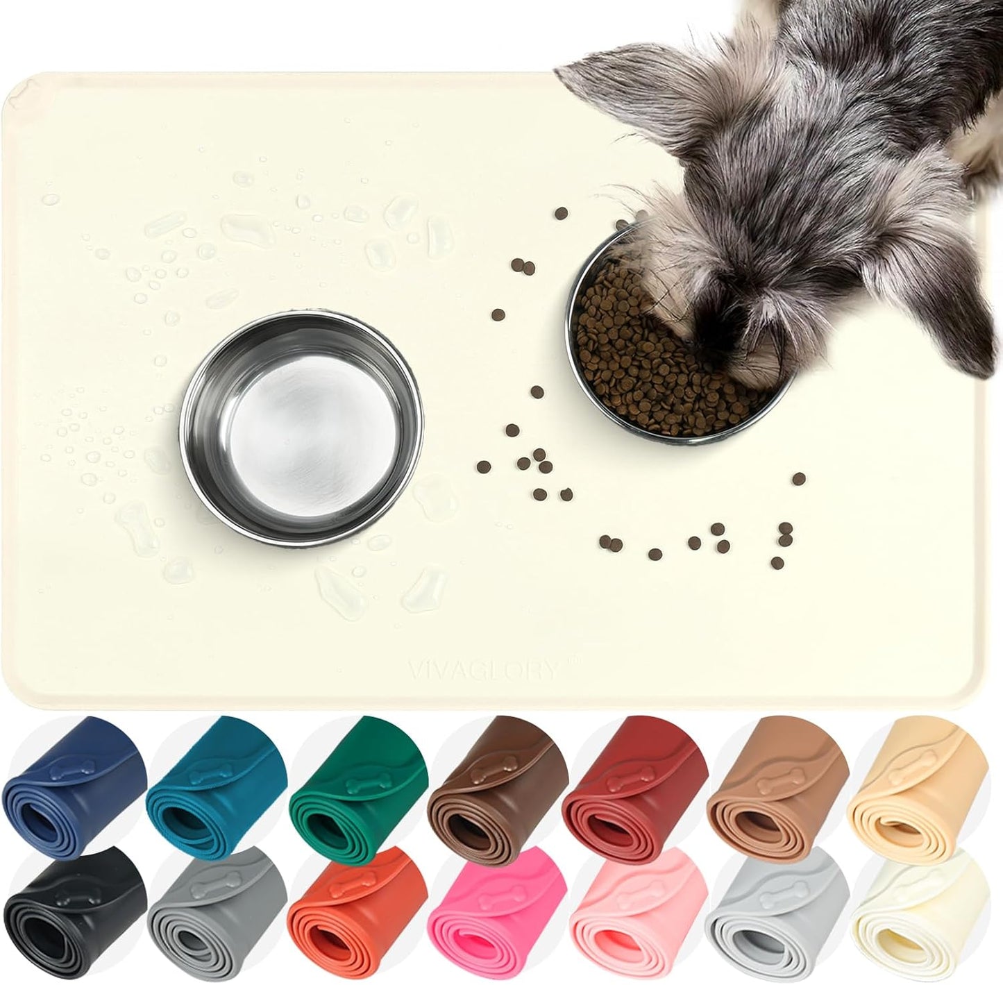 VIVAGLORY Dog Food Mat Flexmat Dog Bowl Mat, Placemat Food Tray with Raised Edges & Lip for Indoor Floor, Non Slip Waterproof Silicone Dish Placemat for Cat & Pet, S, Grey