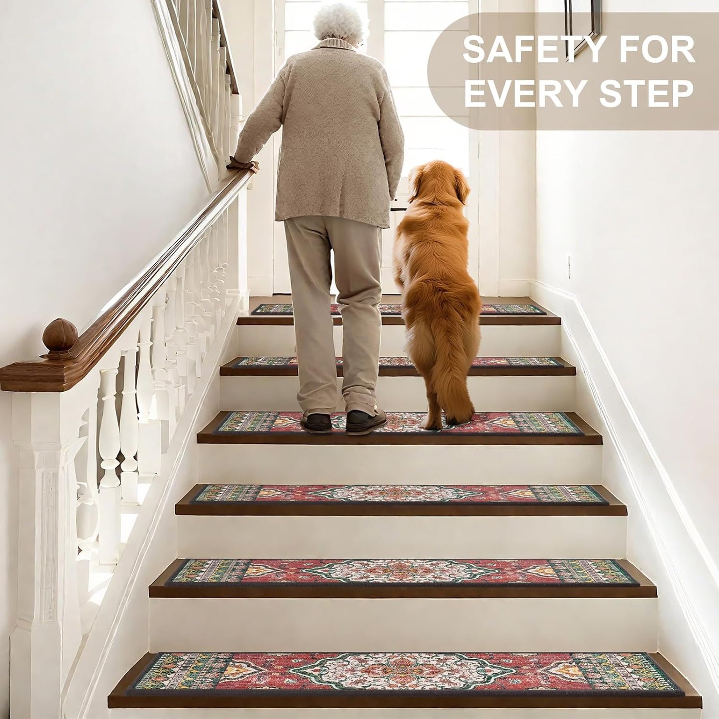 Non Slip Stair Treads for Wooden Steps Indoor, Dark Grey, 15pcs, 30"X8", Soft Carpet Mat, Machine Washable Boho Carpet Treads with Reusable Adhesive Backing, Safety Stair Tread for Dogs, Kids, Elders