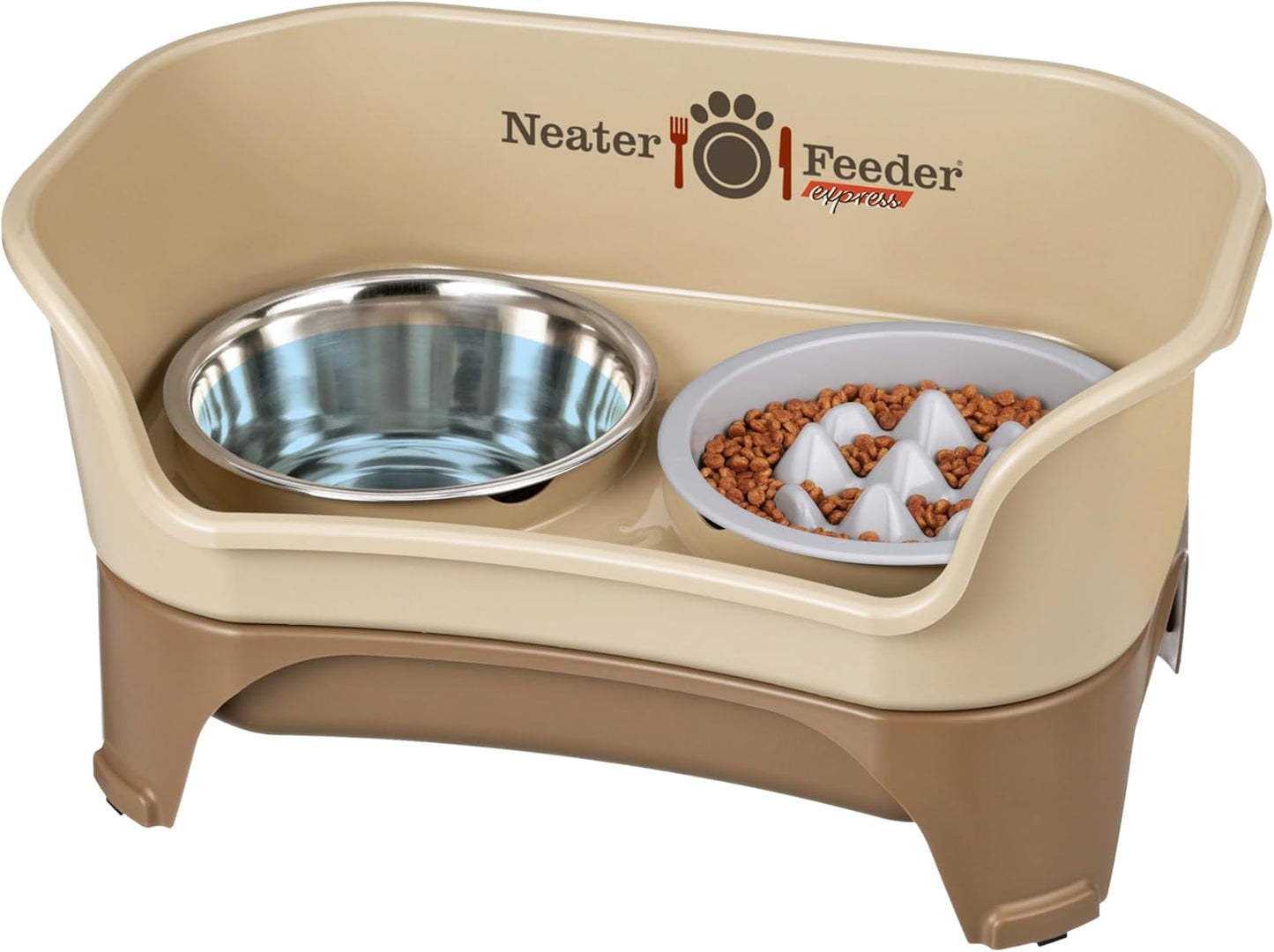Neater Feeder Express Mess Proof Dog Bowls Elevated for Small Breeds under 15 Lb, Made in USA, No Spill Raised Dog Food Bowl Stand, Stainless Steel Food and Water Bowl Set, Feeding Station, Cappuccino