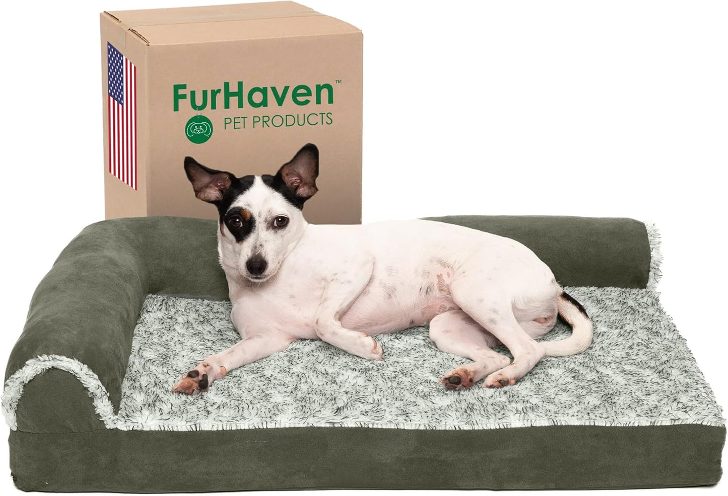 Furhaven Memory Foam Dog Bed for Large Dogs w/ Removable Bolsters & Washable Cover, For Dogs Up to 95 lbs - Two-Tone Plush Faux Fur & Suede L Shaped Chaise - Espresso, Jumbo/XL