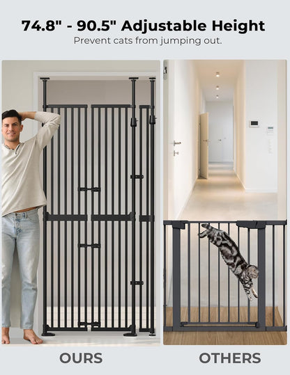 Extra Tall Cate Gate for Doorway: Pressure Mount 74.8"-90.5" Tall Cat Gate for Pets in Extra 30.3"-47.2" Width No Wall Drilling No Toddler for Indoor Stairs Hallway Room Safety Barrier