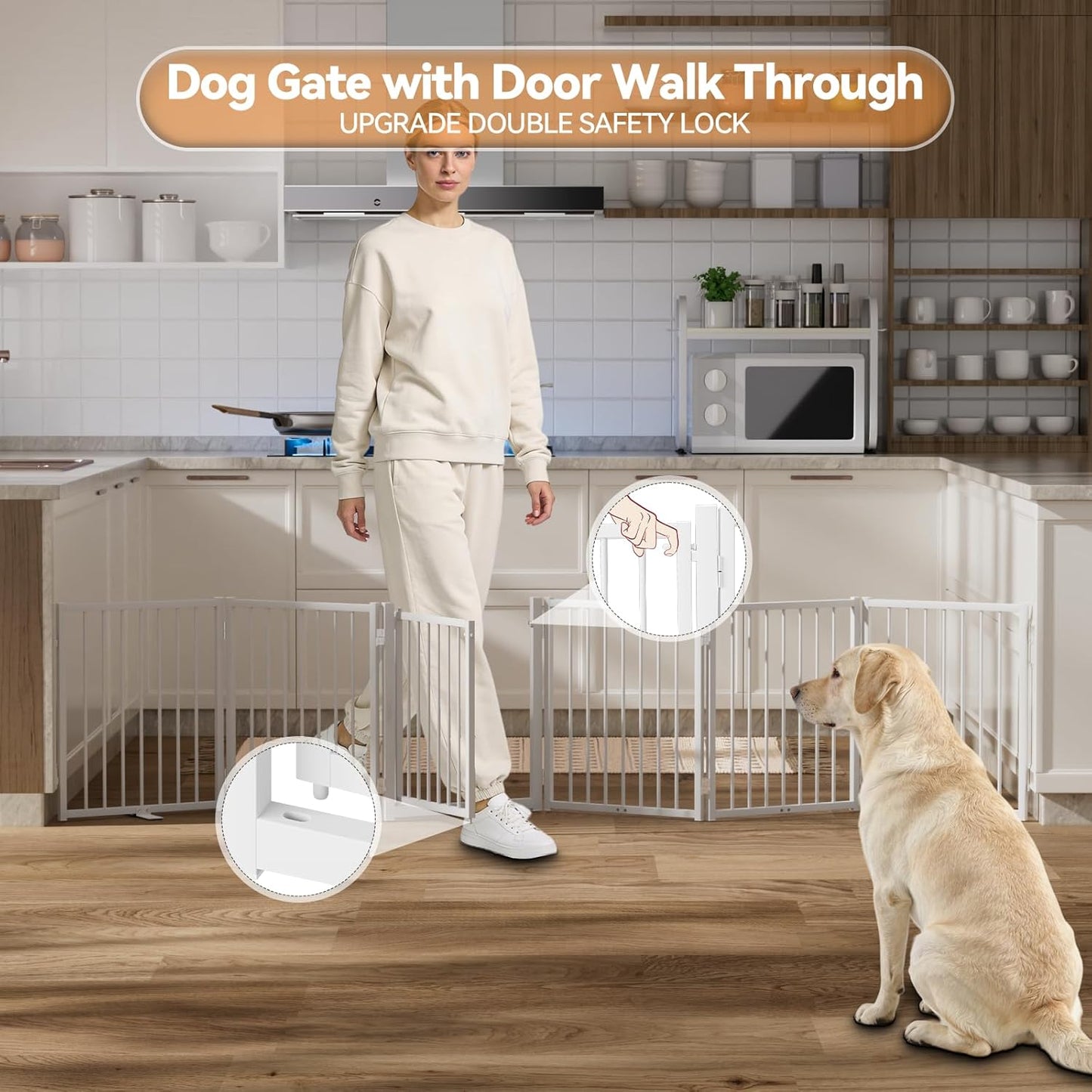 SNUOWU Full Metal Freestanding Dog Gate with Door, 32''Height Foldable Pet Dog Fence for Indoor & Outdoor, 4 Panels Extra Wide Free Standing TallDog Gates for Doorways,House,Stairs,Porch,Deck,Yard