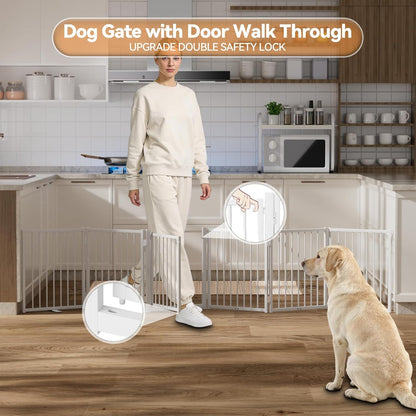 SNUOWU Full Metal Freestanding Dog Gate with Door, 32''Height Foldable Pet Dog Fence for Indoor & Outdoor, 4 Panels Extra Wide Free Standing TallDog Gates for Doorways,House,Stairs,Porch,Deck,Yard