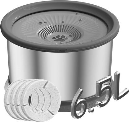 6.5L Dog Water Bowl No Spill 1.6 Gallon Stainless Steel Water Bowl for Dogs 220oz Large Capacity No Splash Slow Drinking Feeder with Anti-Slip Mat for Messy Drinkers 6.5L+2 Filters