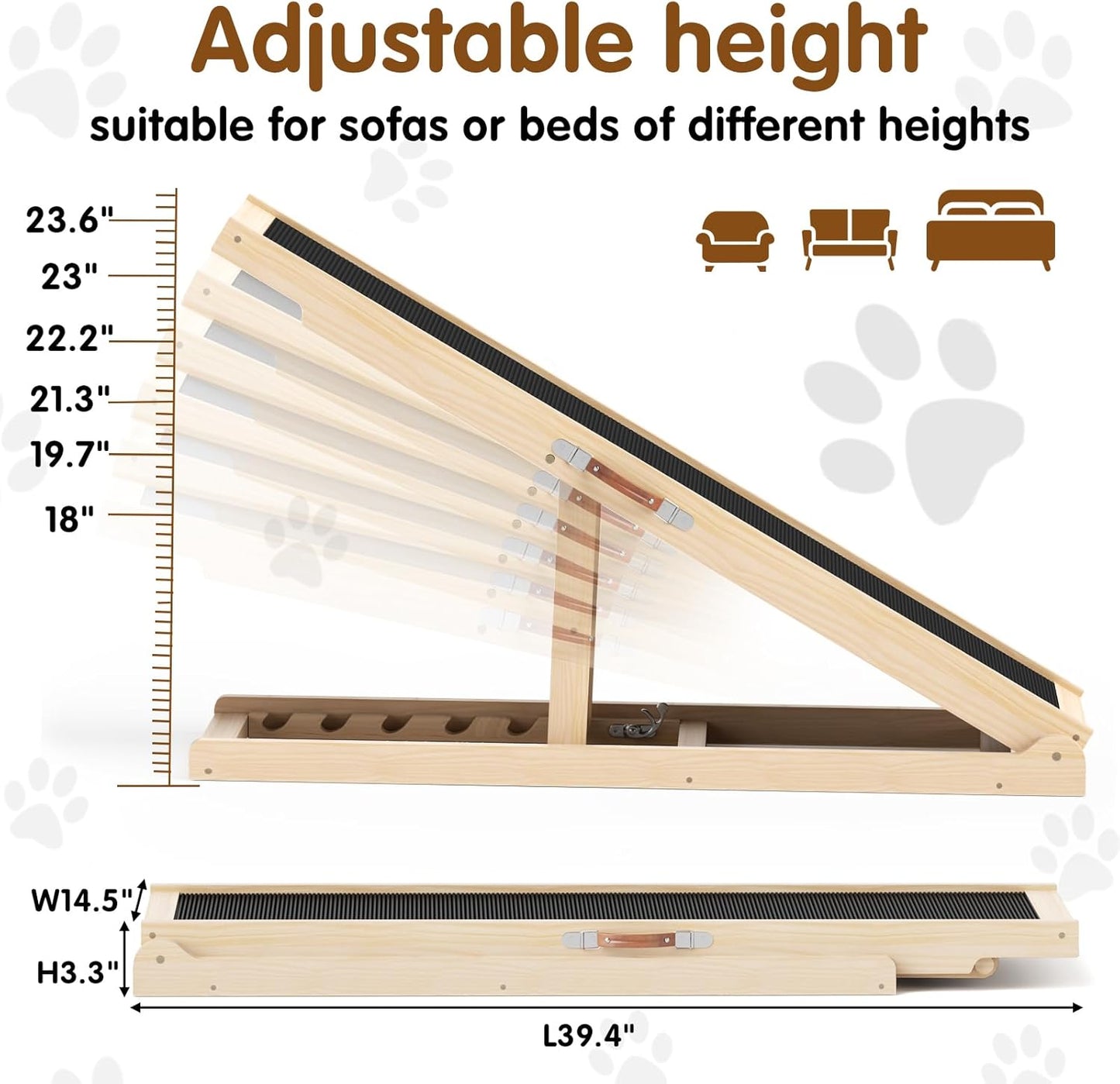 Dog Ramp for Couch with Non-Slip Silicone Mat, 39" Wooden Pet Ramps for Small Dogs, Hold up to 100lb, Adjustable Height from 11.41" to 20.47", Portable Stable Pet Step for Sofa Stairs