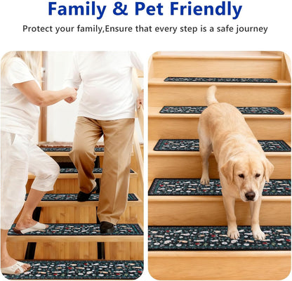 Animal Cat Dog Stair Treads Non Slip for Wooden Steps 15PCS 8"x30" Stair Carpet Treads TPR Backing Soft Stair Runner Washable Reusable Indoor Safety Stair Mats for Elders Kids Dogs Black
