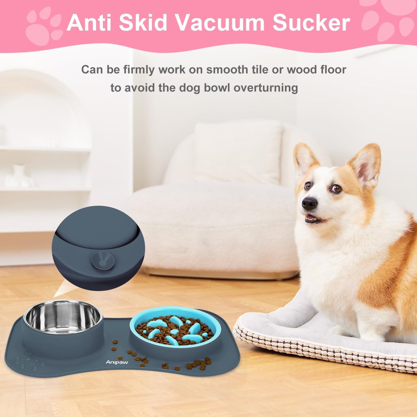 Anipaw Slow Feeder Dog Bowls 3 in 1 Stainless Steel Food and Water Bowls with Non-Spill and Skid Silicone Mat to Slow Down Eating for Large Medium Small Breed Size Dogs and Cats