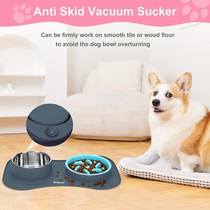 Anipaw Slow Feeder Dog Bowls 3 in 1 Stainless Steel Food and Water Bowls with Non-Spill and Skid Silicone Mat to Slow Down Eating for Large Medium Small Breed Size Dogs and Cats