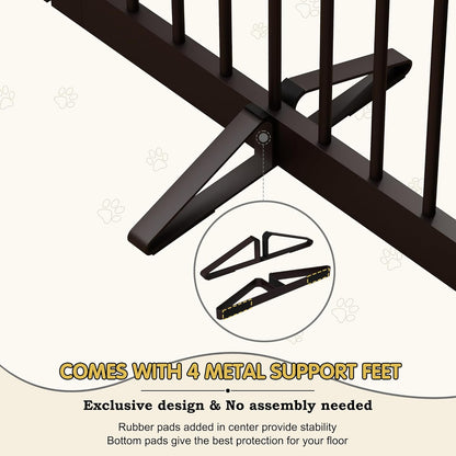 PUPETPO Freestanding Dog Gate with Door, Pet Gate for Stairs, 80 inch Wide Pet Barrier Indoor, Dog Fences Indoor, Support Feet Included, 4 Panels, 24" Tall, Dark Brown