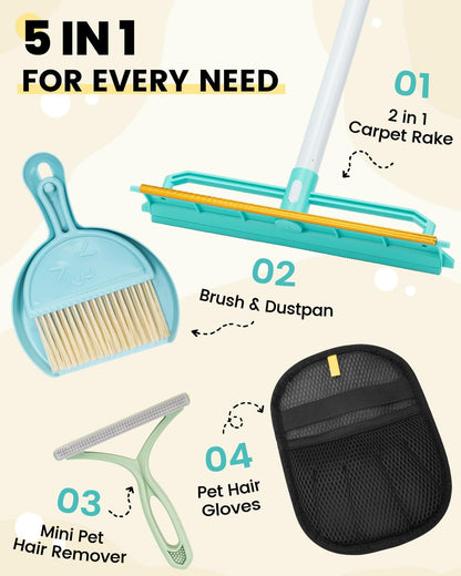 Carpet Rake for Pet Hair Removal - 5-in-1 Dual-Sided Rubber & Metal Carpet Scraper Tool with 60" Adjustable Handle, Used for Cleaning Dog and Cat Fur on Furniture, Short Pile Carpets, Rugs