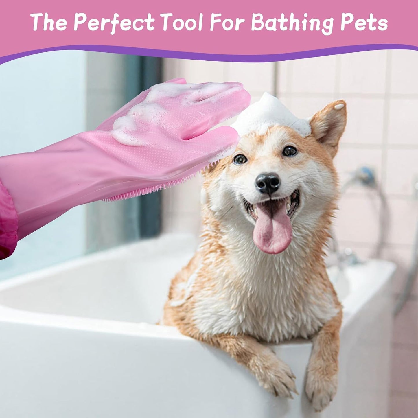 Dog Washing Gloves- Long Sleeved Pet Grooming Gloves - Heat Resistant Silicone Gloves with High-Density Teeth - Efficient Deshedding Glove for Dogs, Cats, Rabbits and Horses
