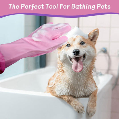 Dog Washing Gloves- Long Sleeved Pet Grooming Gloves - Heat Resistant Silicone Gloves with High-Density Teeth - Efficient Deshedding Glove for Dogs, Cats, Rabbits and Horses