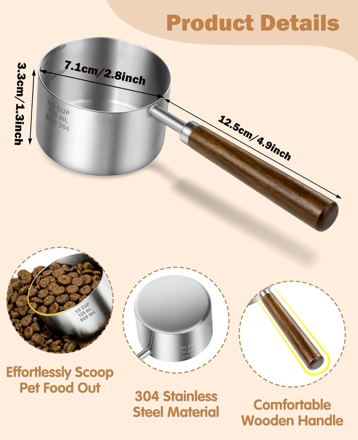 Stainless Steel Dog Food Scoop 1 Cup, Dog Food Measuring Cup With Measuring Lines (Cup/ML) & Long Wooden Handle, Metal Pet Food Scoop For Dogs, Cats and Kitchen Use, Dishwasher Safe