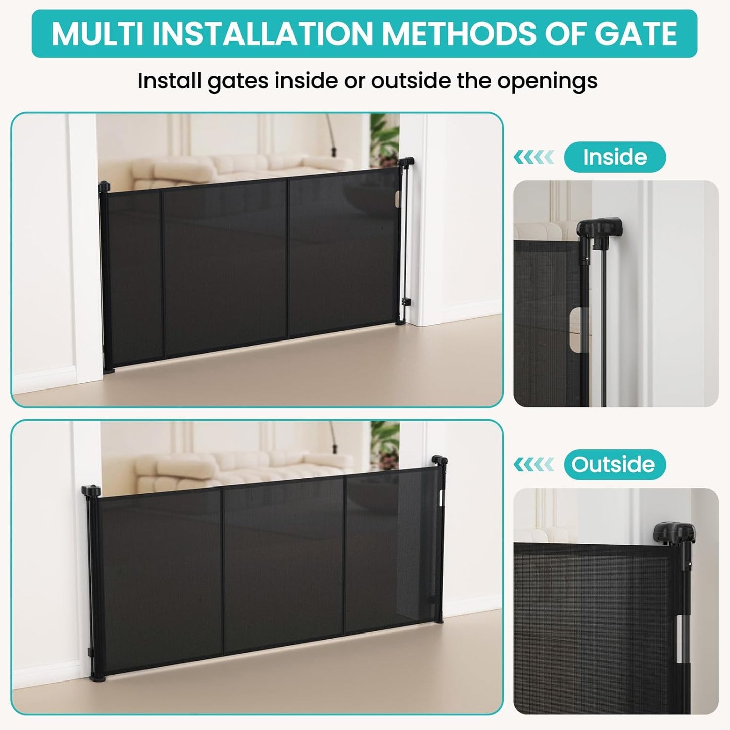 Upgrade Retractable Baby Gates Extra Wide (150" W x 42" H), 150 inch Reinforced Retractable Dog Gate to Prevent Crawling Through, Retractable Gate Outdoor/Indoor, Real One-Handed Operation, Black