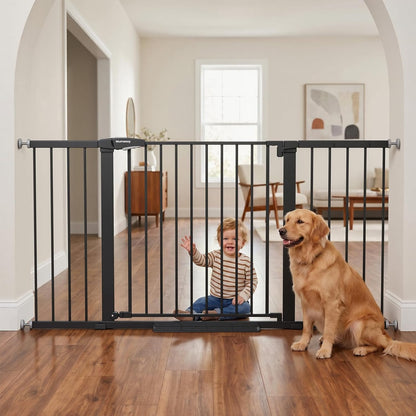 Mumeasy Baby Gate Extra Wide, 29.7-51'' Pressure Mounted Dog Gate with Walk Thru Door, Auto Close Pet Gate for House, Stairs, Doorways,Black