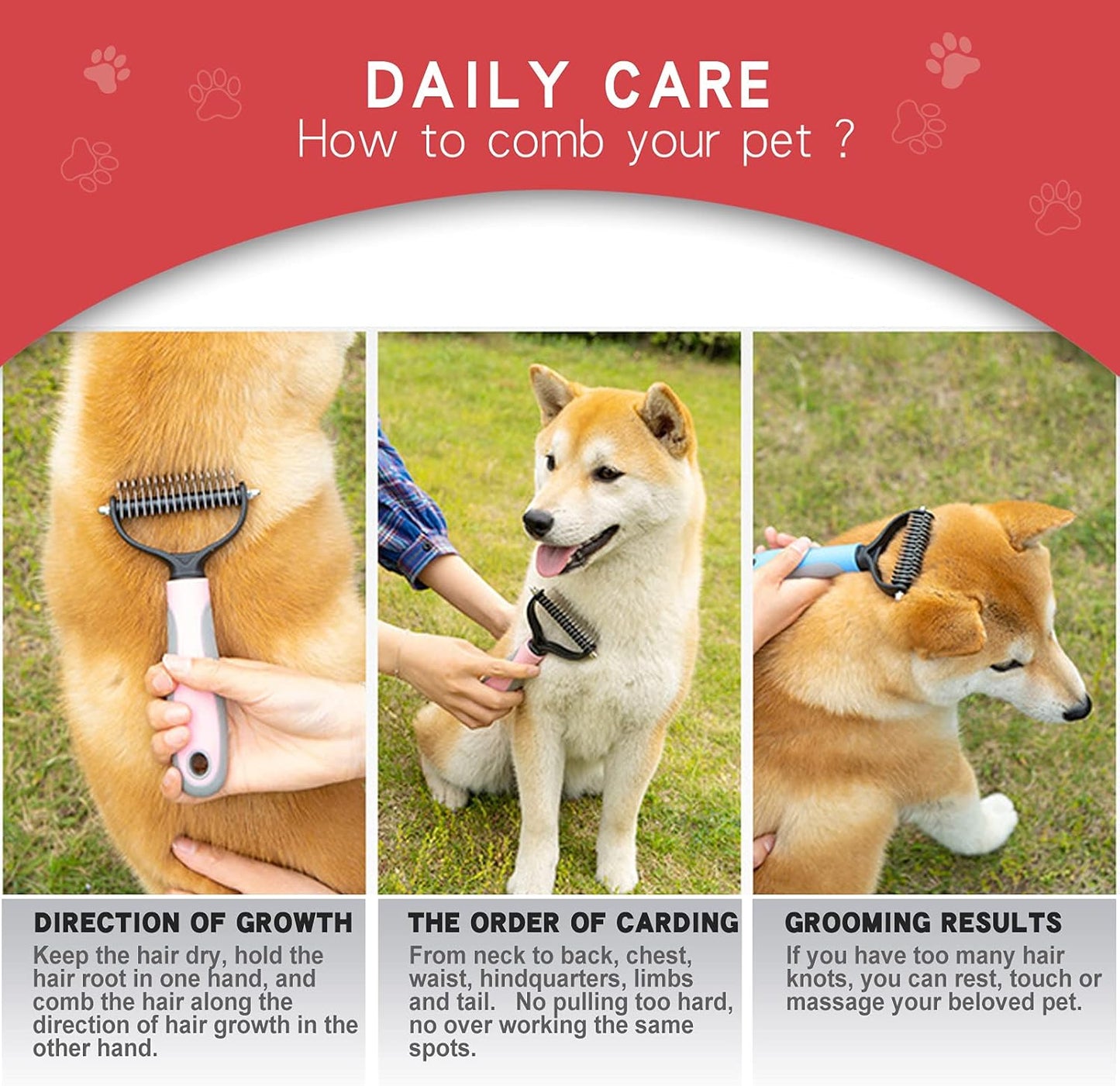 GOESWELL Double-Sided Undercoat Rake for Pet Grooming - Shedding and Dematting Comb with Grooming Glove (Blue 2 Pack)