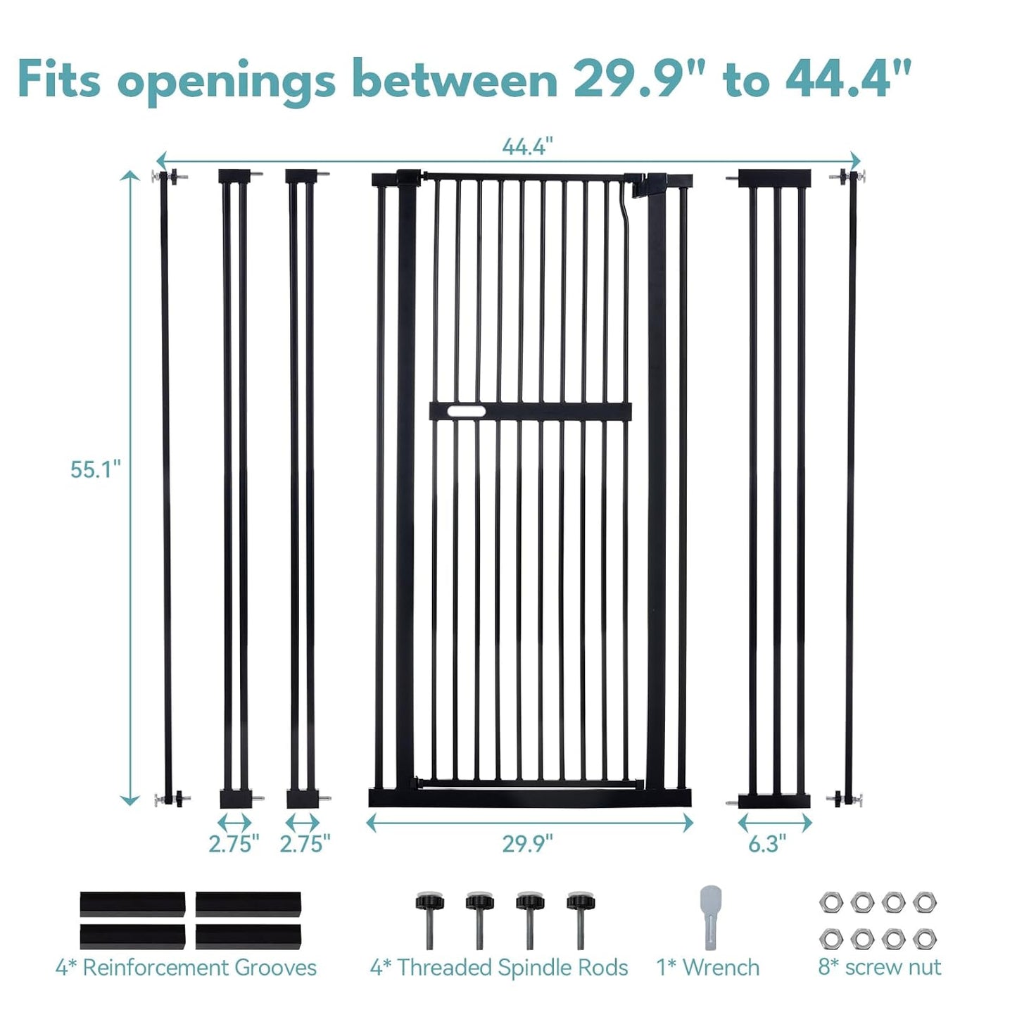No Pawblems 55" Extra Tall Pet Gate for Cat/Dog, 29-40" Wide Auto Close Tall Dog Gate for Doorways/Hallways, 1.37" Ultra Narrow Spacing, NO Drilling Pressure Mounted, Black