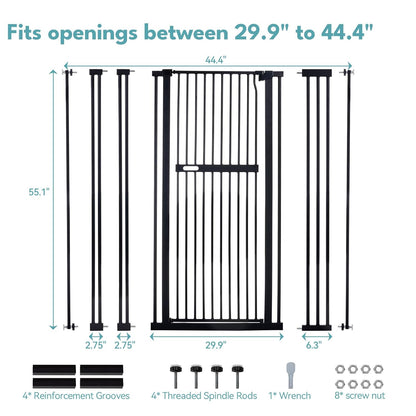 No Pawblems 55" Extra Tall Pet Gate for Cat/Dog, 29-40" Wide Auto Close Tall Dog Gate for Doorways/Hallways, 1.37" Ultra Narrow Spacing, NO Drilling Pressure Mounted, Black