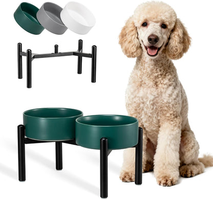 Raised Ceramic Dog Bowl Set - Elevated Double Dishes with Stainless Steel Stand - Food and Water Bowls for Small to Medium Dogs - Each Holds 3.5 Cups (29.57 fl oz) - White