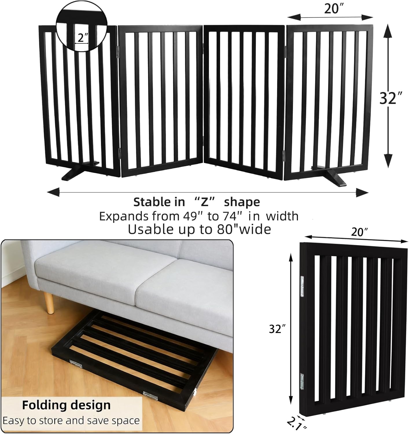 ZJSF Freestanding Indoor Dog Gate for House Foldable Wood Puppy Gate for Doorways Pet Gate for Stairs Extra Wide Pet Fence, Brown, 24" Height 3 Panels