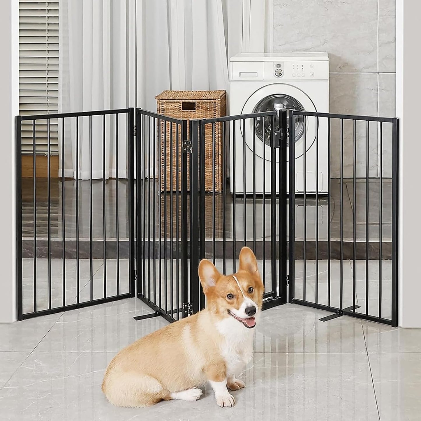 Metal Freestanding Dog Gates with Door for Outdoor Indoor,80'' Extra Wide 32'' Tall Free Standing Dog Gate for Doorways,Large Openings,Deck,Yard,Foldable Safety Pet Fence(Black,4 Panels)