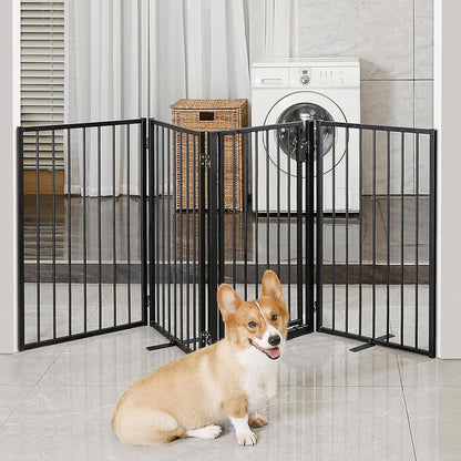 Metal Freestanding Dog Gates with Door for Outdoor Indoor,80'' Extra Wide 32'' Tall Free Standing Dog Gate for Doorways,Large Openings,Deck,Yard,Foldable Safety Pet Fence(Black,4 Panels)