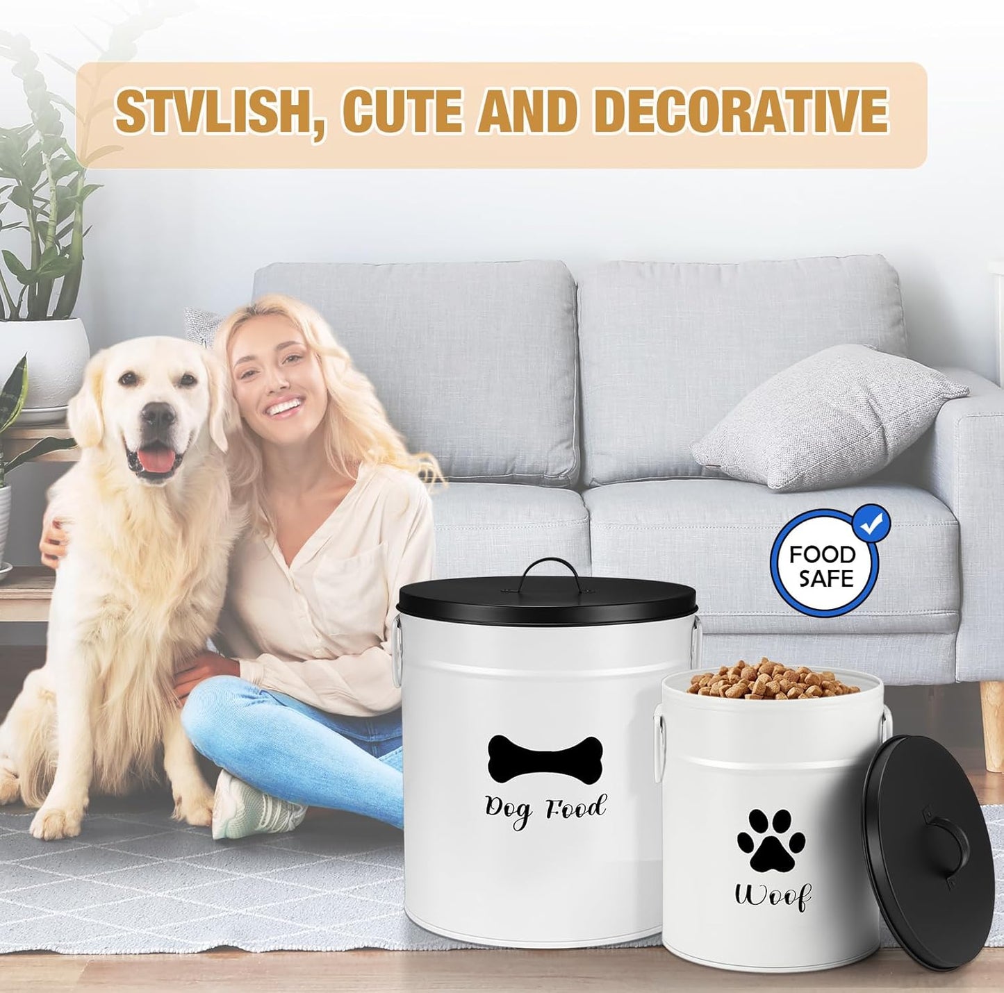 DoubleFill Extra Large 23+10 lbs Metal Dog Food Storage Containers Set of 2 Airtight Dog Treat Snack Jars with Lids and Spoon Farm House Style Big Pet Cookie Jar for Kitchen Counter Gift