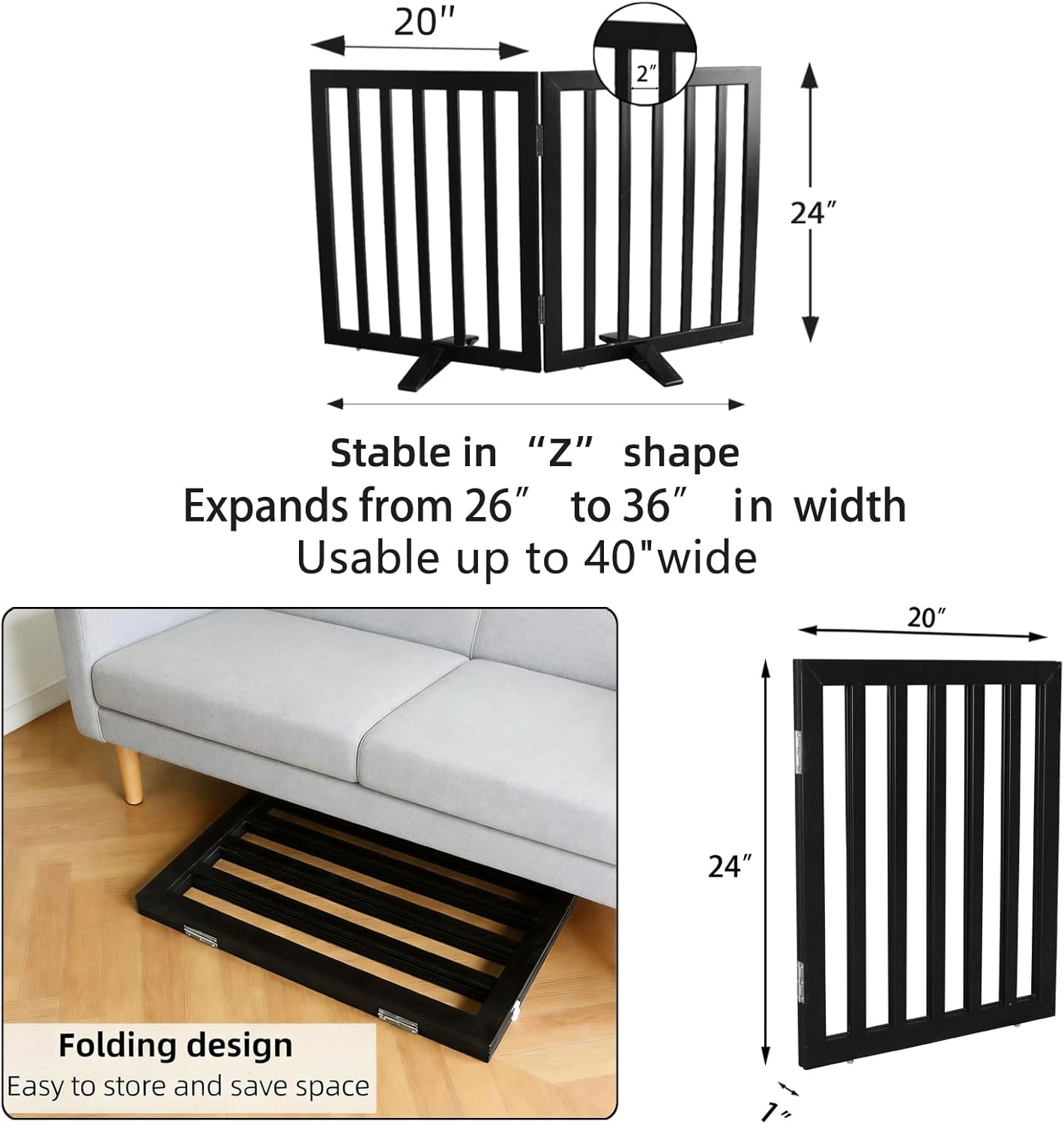 ZJSF Freestanding Indoor Dog Gate for House Foldable Wood Puppy Gate for Doorways Pet Gate for Stairs Extra Wide Pet Fence, Brown, 24" Height 3 Panels