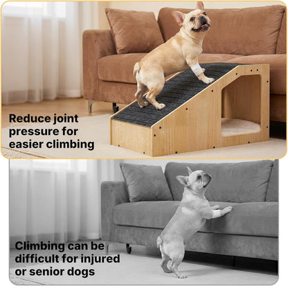 Veehoo Small Dog Ramp for Bed Couch, Pet Ramps for Dogs to Get on Bed Couch with Cat Cave Condo Non Slip Surface and Bottom Pad, 16" Wide Wooden Doggy Stairs Puppy Steps Small Ramp Ladder for Indoor