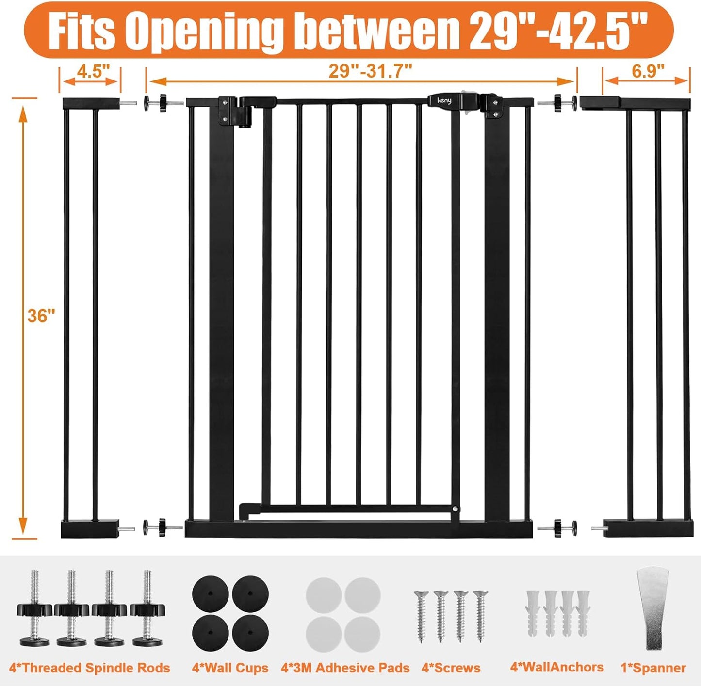 keny 29"-42.5" Baby Gate for Stairs, Auto Close Safety Dog Gate, Pressure Mounted Easy Walk Through Pet Gate for Doorways, Durable Stair Gate, 30" Tall, White