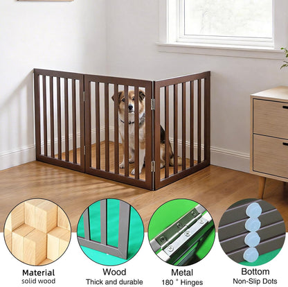 Dog Gate Indoor, Freestanding Dog Fence for The House, Doorways, Hallways,or Stairs,Pet Gate Foldable Wooden,Expandable 24" Height 3 Panels,White