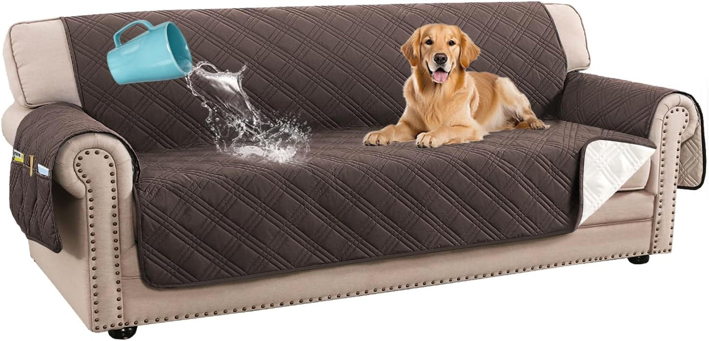 H.VERSAILTEX 100% Waterproof Slipcovers for Couches and Sofas Modern Pet Couch Cover Thick Soft Furniture Protector with Elastic Straps(Sofa, Lily Pad/Beige)