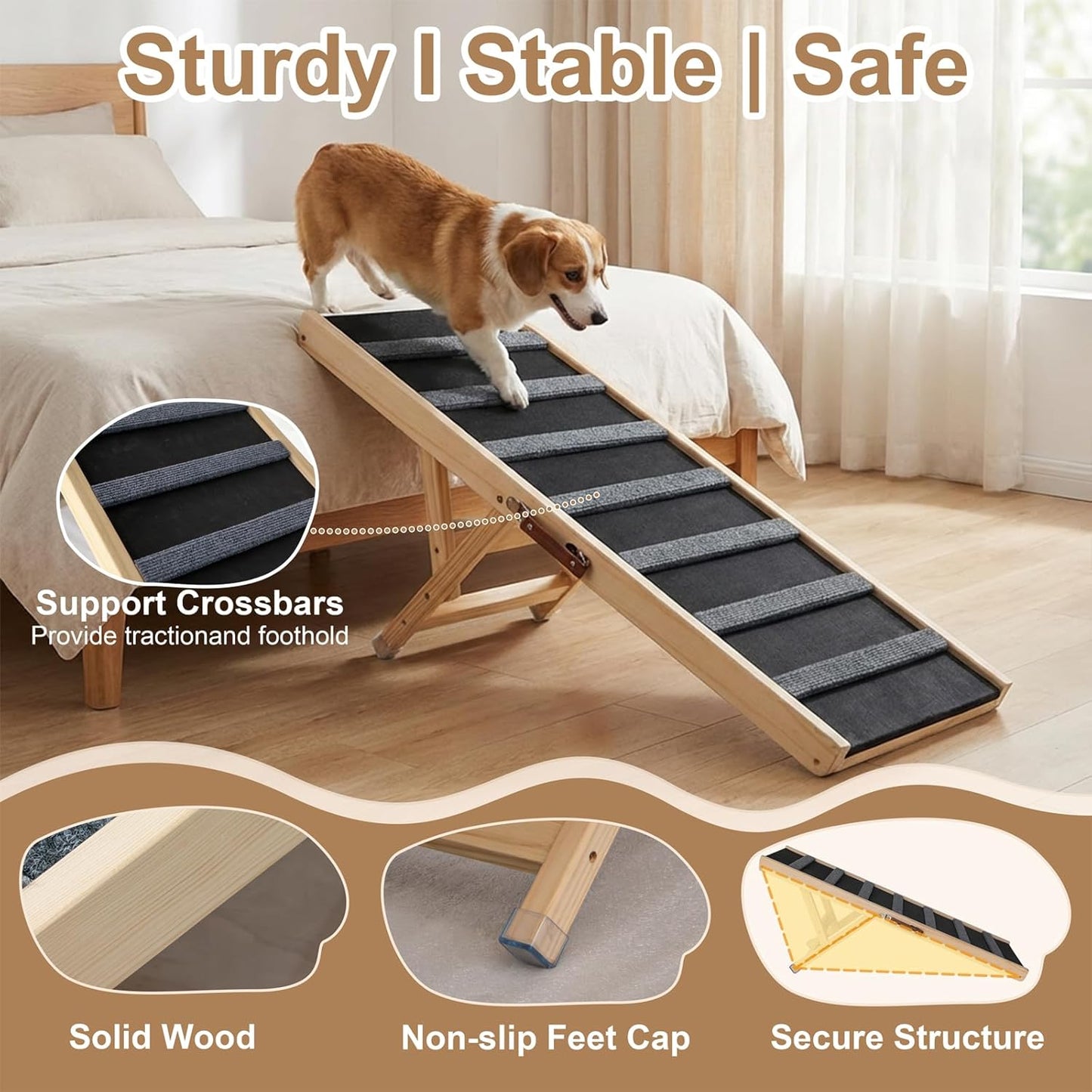 Dog Ramp for Bed, 43.5" Long Wooden Foldable Dog Ramp, 6 Adjustable Heights from 14" to 26" with Anti-Slip Traction Mat, Portable Pet Ramp for Car, Bed, Couch, Max 200lbs - 43.5inch
