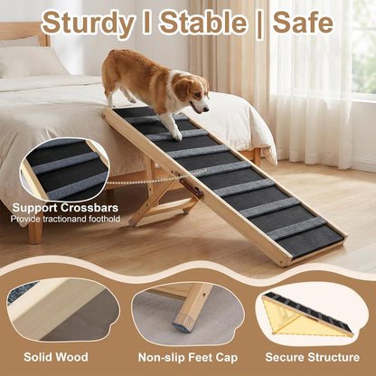 Dog Ramp for Bed, for Couch, 47.24" Long Wooden Pet Ramp for Small & Large Dogs to Get on Bed Couch Car Up to 200LBS, 4 Adjustable Heights (13.7"-24.6"), Foldable Dog Bed Ramp with Anti-Slip Surface