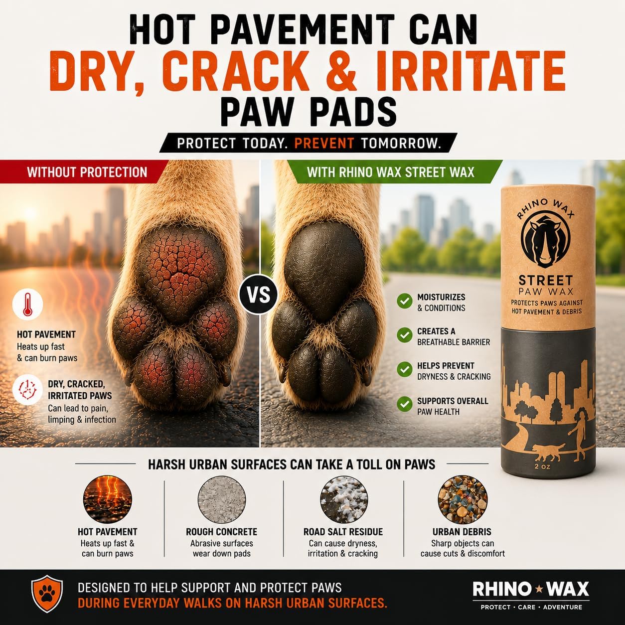 Rhino Wax - Dog Paw Protector for Hot Pavement - Use Street Wax Before Taking Dogs on Asphalt - Balm Protects from Warm Surfaces Rocks Road Debris - Great for Dogs who Hate Dog Shoes for Hot Pavement