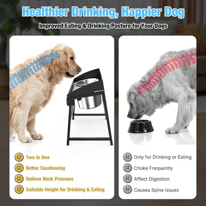 Spill Proof Tilted Elevated Dog Bowls for Large Breed, 15“ Tall Raised Dog Bowl with Stand, Stainless Steel Dog Food Bowl & Water Bowl Set for Indoor & Outdoor Use, Easy Clean Large Dog Bowl Dog Dish